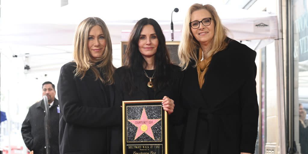 jennifer aniston, courteney cox, lisa kudrow recreate friends moment at the star ceremony where courteney cox is honored with a star on the hollywood walk of fame on february 27, 2023 in los angeles, california photo by gilbert floresvariety via getty images