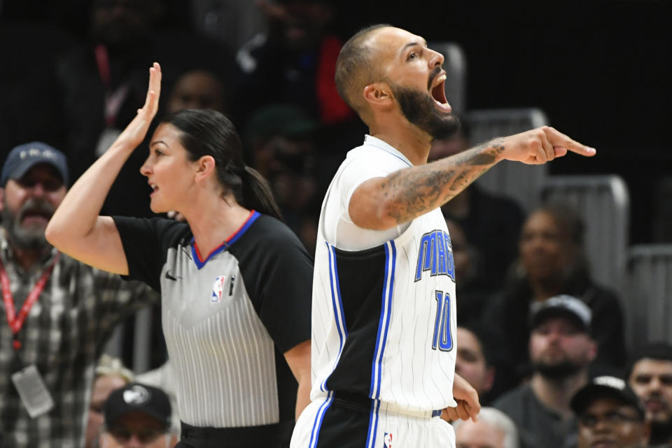 Orlando Magic guard Evan Fournier (10) reacts after official Lauren Holtkamp calls a foul on the Atlanta Hawks during the second half of an NBA basketball game Wednesday, Feb. 26, 2020, in Atlanta. Orlando won 130-120. (AP Photo/John Amis)