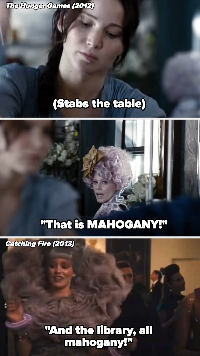 The line in The Hunger Games, and "And the library, all mahogany" in Catching Fire