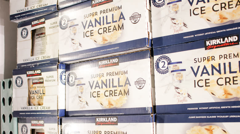 cases of Kirkland ice cream in freezer 