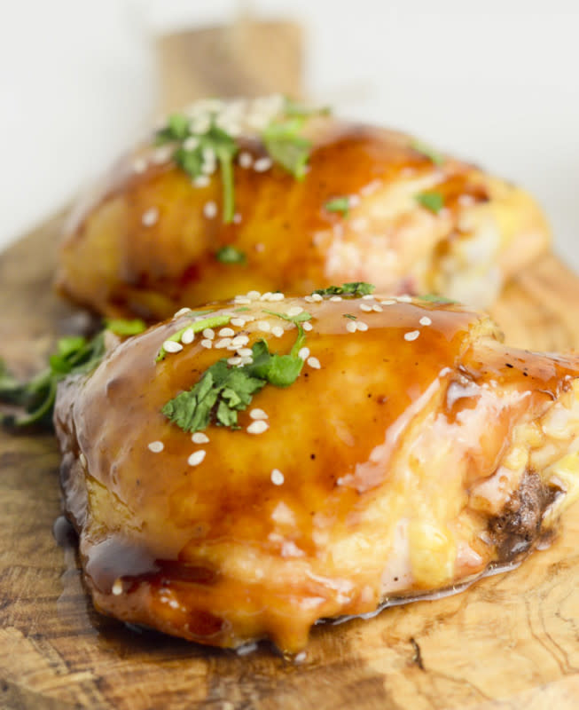 <p>These hoison and honey glazed chicken thighs are bursting with Asian flavor and are ready in under 25 minutes with the help of your air fryer!</p><p><strong>Get the recipe: <a href="https://www.recipe-diaries.com/hoisin-and-honey-glazed-chicken-thighs/" rel="nofollow noopener" target="_blank" data-ylk="slk:Air Fryer Hoisin and Honey Glazed Chicken Thighs;elm:context_link;itc:0;sec:content-canvas" class="link rapid-noclick-resp">Air Fryer Hoisin and Honey Glazed Chicken Thighs</a></strong></p>