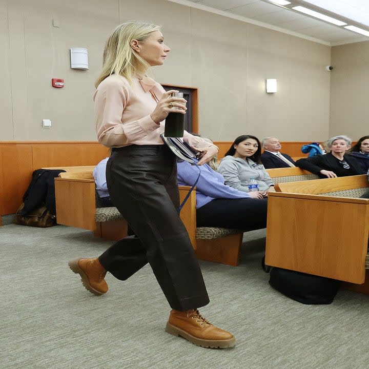 Paltrow decided to add some color to the courtroom with a $425 Camila bow blouse from her own line, elegantly contrasted with Nappa leather wide-leg culottes by Proenza Schouler White Label, worth $895.