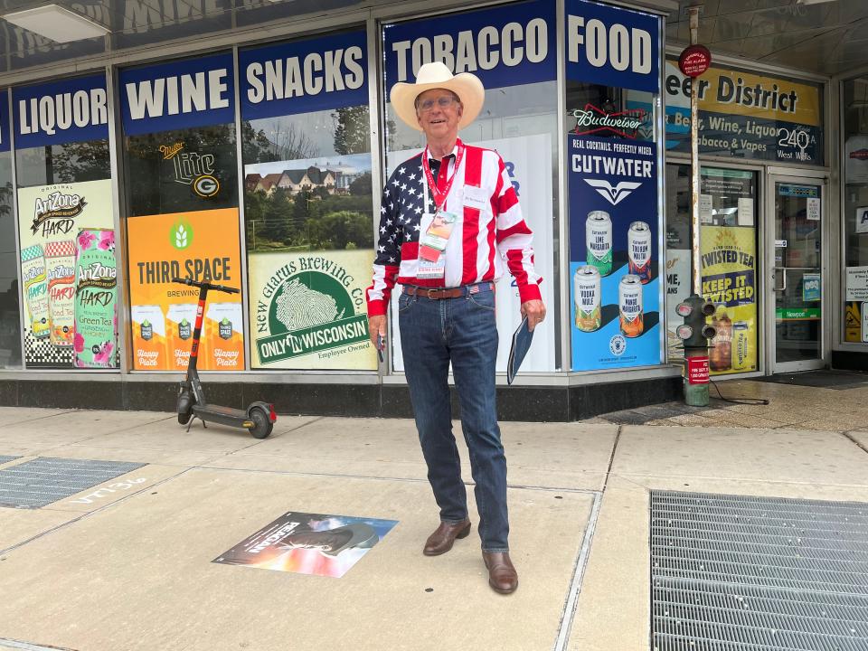 Jay Kremmerer posed for this photo taken in Milwaukee during the Republican National Convention, saying his wife dressed him and he liked “the spirit of it.”