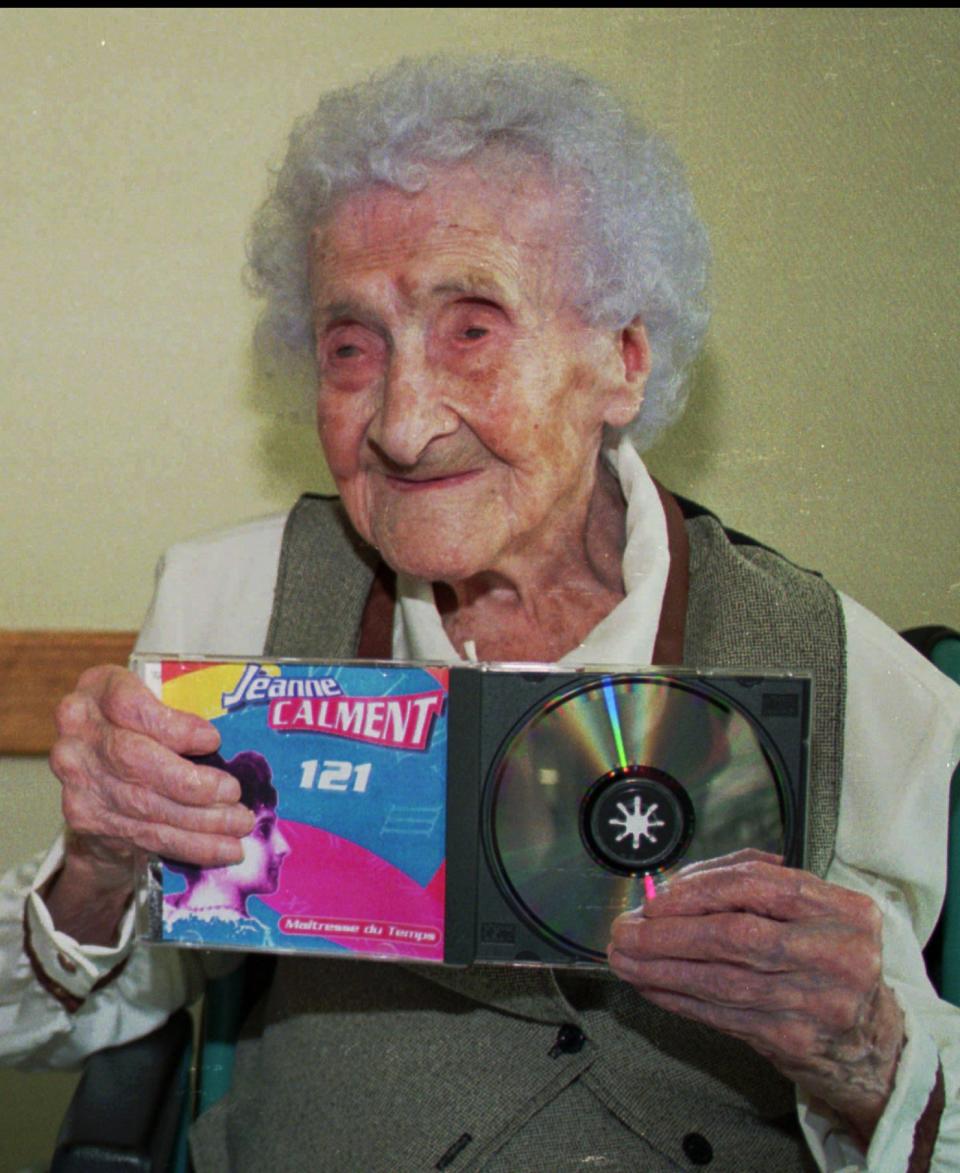 Jeanne Calment pictured celebrating her 121st birthday. Image: AP