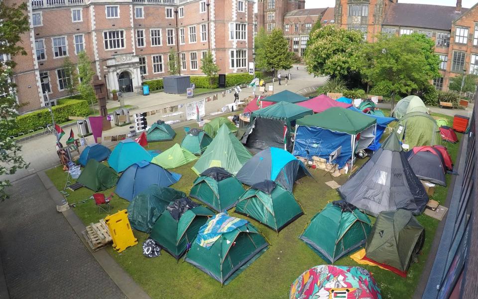 The encampment at Newcastle University as protesters enjoy a morning lie-in