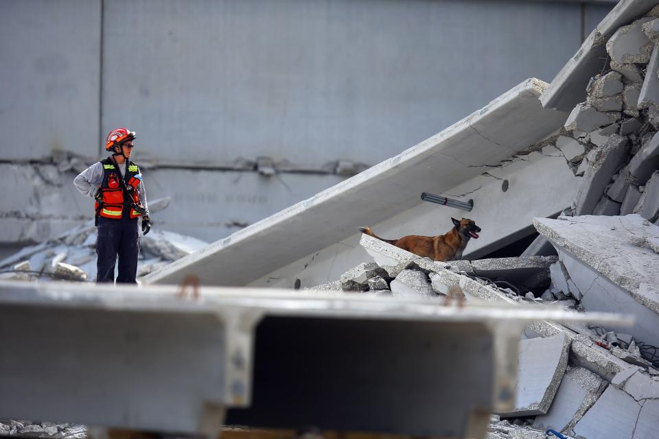 DORAL, FL - OCTOBER 10: A Miami-Dade Fire Rescue search and rescue worker searches in the rubble for survivors of a four-story parking garage that was under construction and collapsed at the Miami Dade College’s West Campus on October 10, 2012 in Doral, Florida. Early reports indicate that one person was killed, at least seven people injured and one is still trapped. (Photo by Joe Raedle/Getty Images)