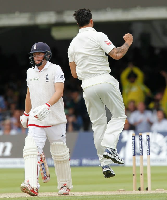 Gary Ballance (left) leaves the crease after being dismissed by Mitchell Johnson (right) on the second day of the second Ashes test at Lord's on July 17, 2015