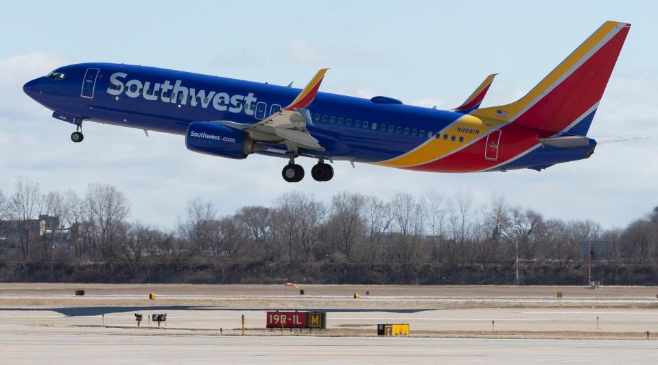 A Southwest Airlines flight takes off Sunday, March 27, 2022 at Mitchell Airport in Milwaukee, Wis. The Dallas-based airline is the market share leader at the airport.