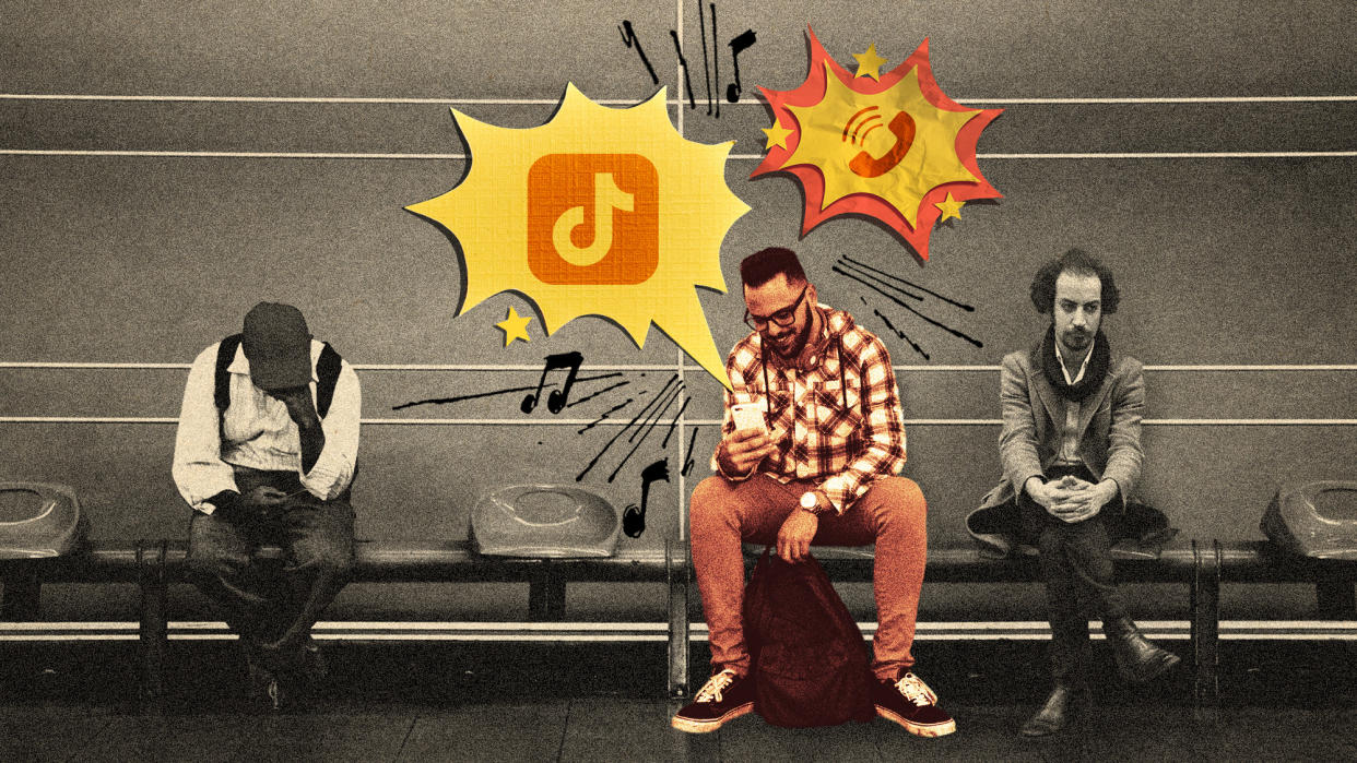  Photo collage of three men on public transport, one using his phone loudly and two others looking annoyed. 