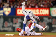 ST LOUIS, MO - OCTOBER 27: Matt Holliday #7 of the St. Louis Cardinals is out at second base on a fielders choice by Elvis Andrus #1 of the Texas Rangers in the fourth inning during Game Six of the MLB World Series at Busch Stadium on October 27, 2011 in St Louis, Missouri. (Photo by Jamie Squire/Getty Images)