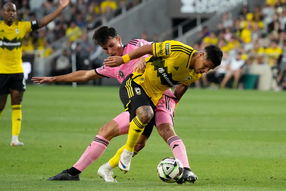 Aug 13, 2024; Columbus, Ohio, USA; Columbus Crew forward Cucho Hernandez (9) tries to get past Inter Miami CF midfielder Federico Redondo (55) during the first half of the Leagues Cup round of 16 game at Lower.com Field. The Crew won 3-2.