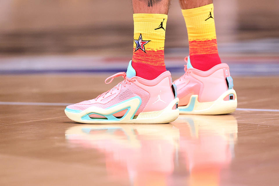 The Jordan Tatum 1 “Pink Lemonade” worn by Jayson Tatum during the first half of the 2023 NBA All-Star Game. - Credit: Tim Nwachukwu/Getty Images