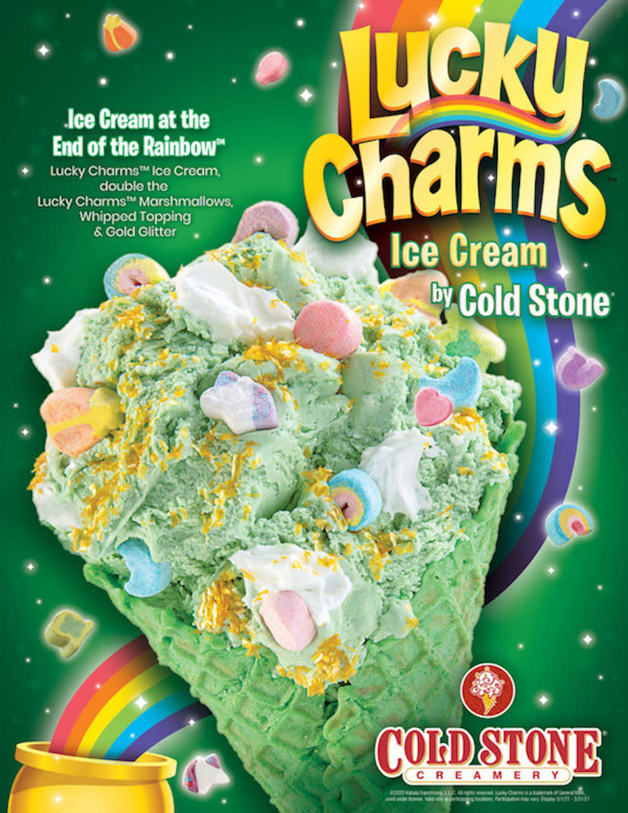 Cold Stone's Lucky Charms ice cream in a green waffle cone