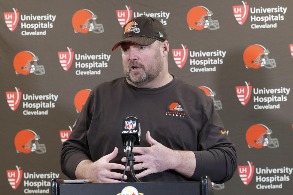 Cleveland Browns head coach Freddie Kitchens answers questions during a news conference after an NFL football game against the Pittsburgh Steelers, Sunday, Dec. 1, 2019, in Pittsburgh. (AP Photo/Don Wright)