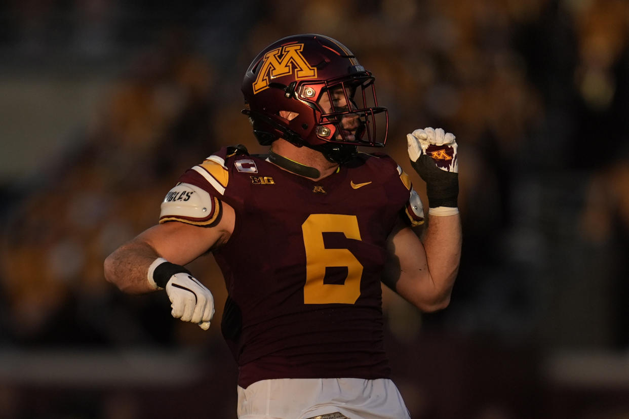 Minnesota linebacker Maverick Baranowski celebrates after making a tackle on third down during the first half of an NCAA college football game against Iowa, Saturday, Sept. 21, 2024, in Minneapolis. (AP Photo/Abbie Parr)