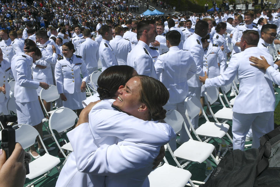 At the conclusion of the U.S. Coast Guard Academy's 141st Commencement Exercises Wednesday, May 18, 2022, in New London, Conn., the cadets have now become ensigns. Vice President Kamala Harris in the commencement speech Wednesday at the academy, reflected on the state of the world in which long-standing rules and norms are more frequently coming under attack, noting the Russian invasion of Ukraine. (AP Photo/Stephen Dunn)