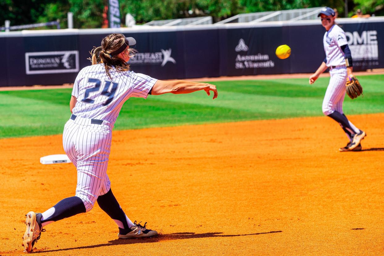 University of North Florida shortstop Savannah Channell (24) of Keystone Heights throws to first base for an out during Wednesday's ASUN tournament game at the UNF Softball Complex. The Ospreys beat Kennesaw State 4-1 to advance to the second round.