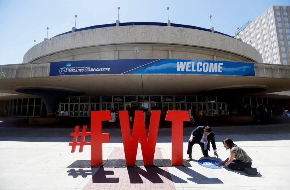 The Fort Worth Convention Center puts some final touches to the exterior while hosting the 2019 WomenÕs National Collegiate Gymnastics Championships on Friday, April 19, 2019. The event is expected to bring more than $2 million to the local economy.