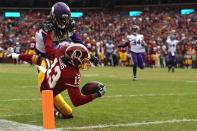 <p>Wide receiver Maurice Harris #13 of the Washington Redskins catches a touchdown pass in front of cornerback Trae Waynes #26 of the Minnesota Vikings during the first quarter at FedExField on November 12, 2017 in Landover, Maryland. (Photo by Patrick Smith/Getty Images) </p>