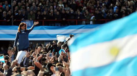 Former Argentine President Cristina Fernandez de Kirchner waves during a rally in Buenos Aires, Argentina June 20, 2017. REUTERS/Marcos Brindicci