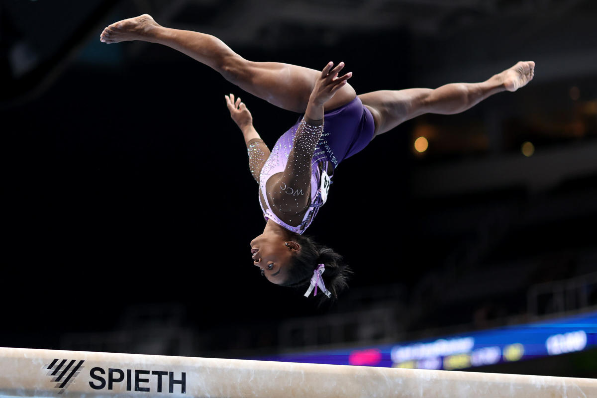 The great Simone Biles beams during gymnastics comeback Yahoo Sports