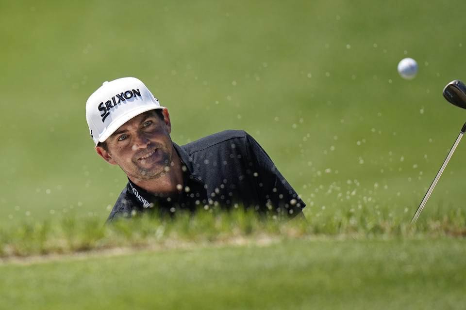 Keegan Bradley plays a shot from a bunker on the fifth hole during the third round of the Dell Technologies Match Play Championship golf tournament in Austin, Texas, Friday, March 24, 2023. (AP Photo/Eric Gay)