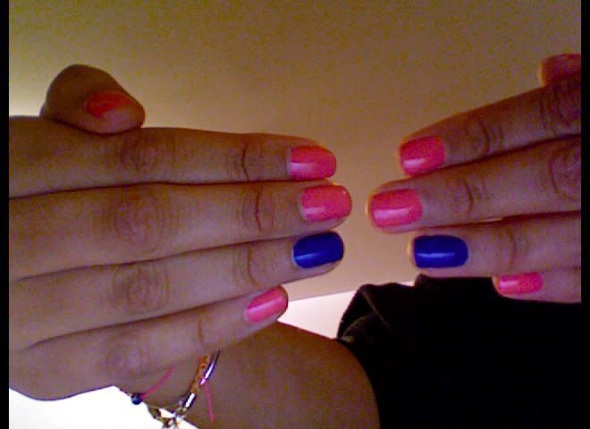 "I've started getting my nails done every few weeks because I can't seem to get them to look nice myself and there is a place down the street that does it for only $5. I have been wanting to incorporate bright pink and royal blue into my wardrobe for a few weeks and what better place to start than my nails" -Michelle Persad, Stylelist Fashion Assistant 