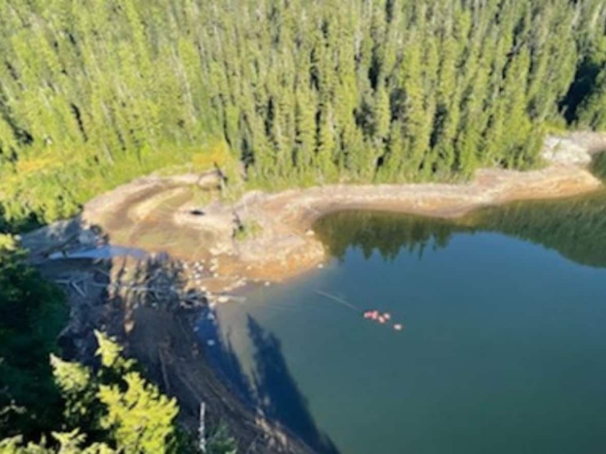 An aerial photo shows historic low levels on Chapman Lake on Sept. 21, 2022. The Sunshine Coast Regional District depends on the lake for its water supply. (Sunshine Coast Regional District - image credit)