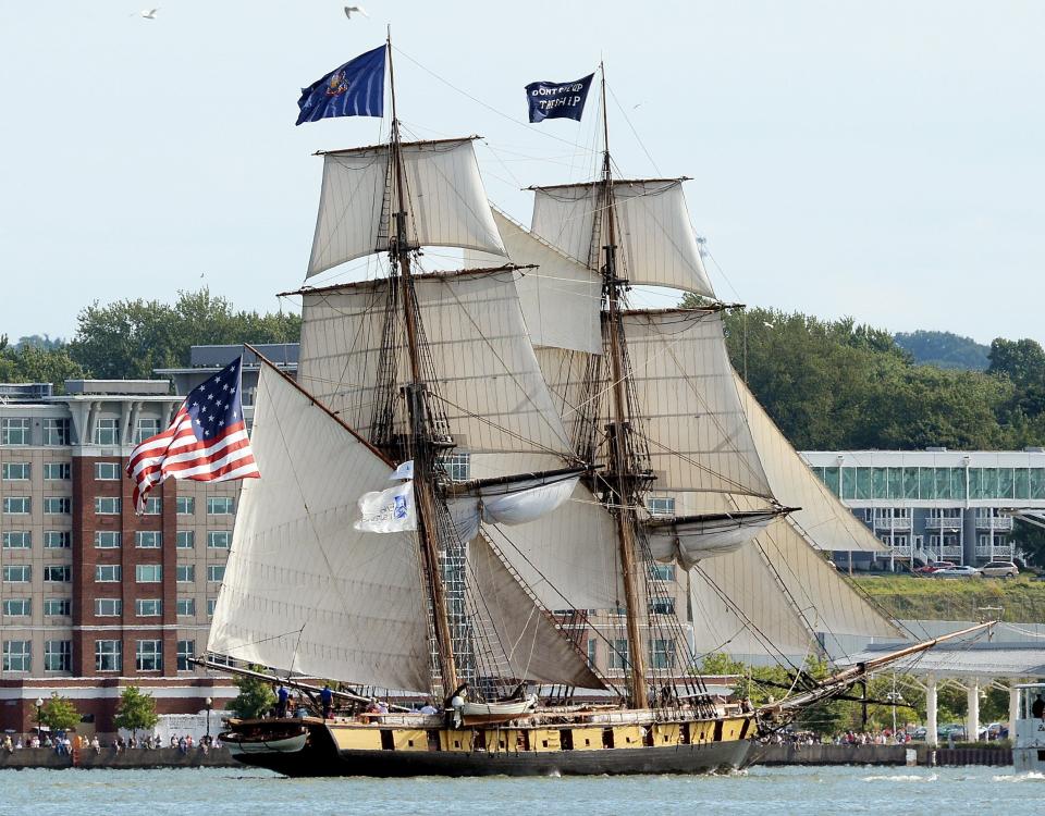 The U.S. Brig Niagara sails on Presque Isle Bay leading the Tall Ships Erie festival Parade of Sail in Erie on Aug. 22, 2019. The four-day maritime festival is expected to draw thousands to view 12 tall ships.