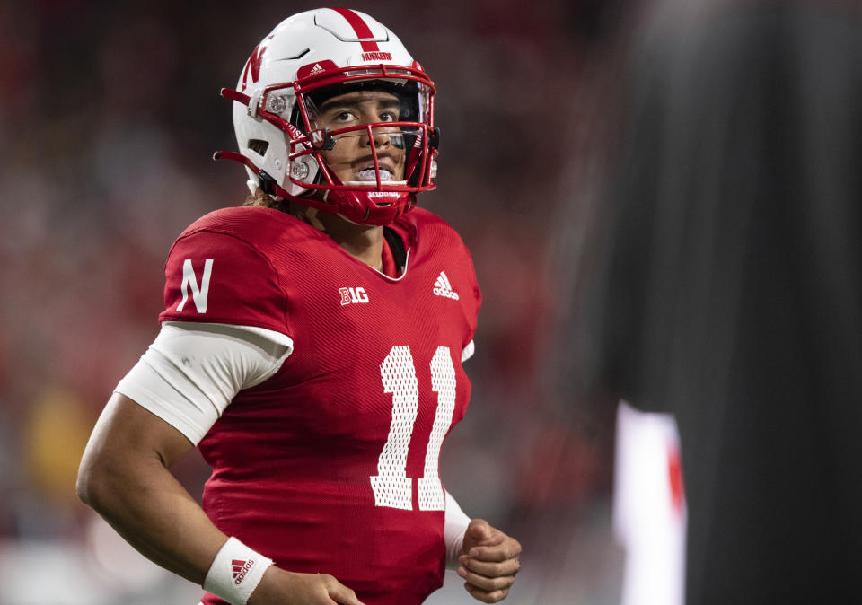 Nebraska quarterback Casey Thompson (11) looks to the sidelines during an NCAA football game between Nebraska and Georgia Southern, Saturday, Sept. 10, 2022, in Lincoln, Neb. (Noah Riffe/Lincoln Journal Star via AP)