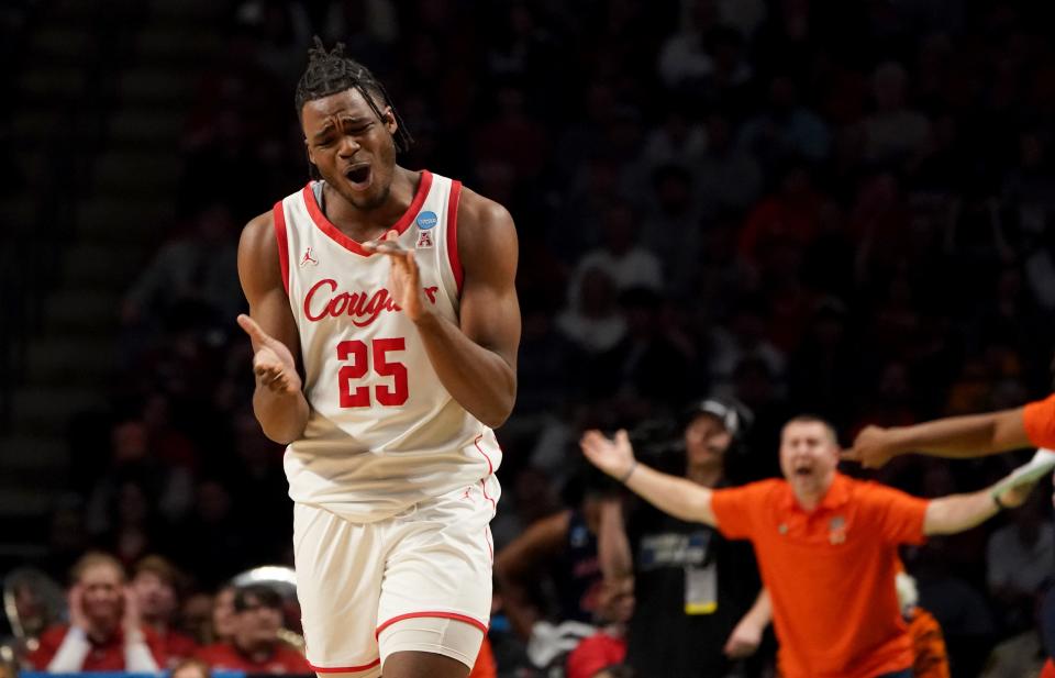 Houston Cougars forward Jarace Walker reacts after a play during the second half against the Auburn Tigers at Legacy Arena in the NCAA tournament March 18, 2023 in Birmingham, Alabama.