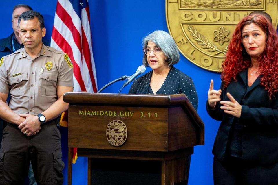 Miami-Dade County Mayor Daniella Levine Cava, along with other county officials, provided an update on the search and recovery operation following the Surfside building collapse during a press conference at Miami-Dade Emergency Operations in Doral, Florida, on Monday, July 26, 2021.