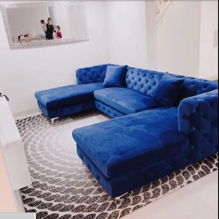 large double sectional royal blue tufted couch