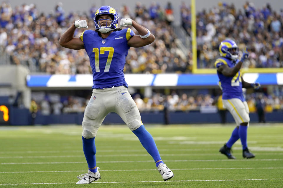 Los Angeles Rams wide receiver Puka Nacua (17) celebrates after the Los Angeles Rams score a touchdown during the second half of an NFL football game against the Pittsburgh Steelers Sunday, Oct. 22, 2023, in Inglewood, Calif. (AP Photo/Ashley Landis)