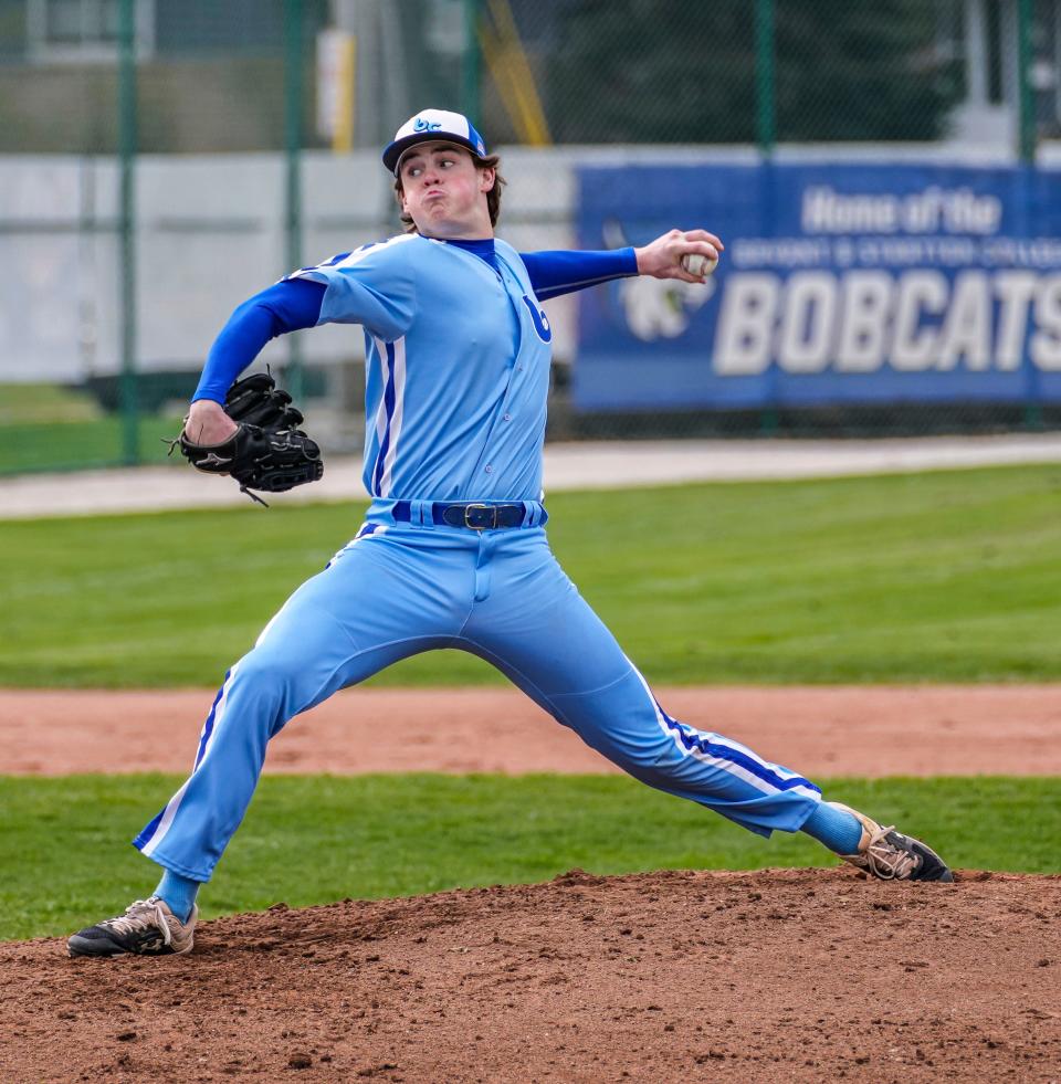 Brookfield Central pitcher Matthew Mueller (32) winds up during the game against Menomonee Falls at Trenary Field on Thursday, May 5, 2022.