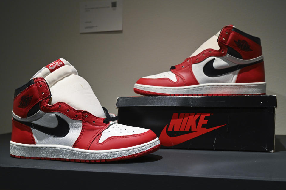 Photo by: NDZ/STAR MAX/IPx 2023 6/24/23 Nike Air Jordan 1 High OG Chicago sneakers (1985) on display as part of 'Sports Memorabilla Part II' auction at Sotheby's in New York City.