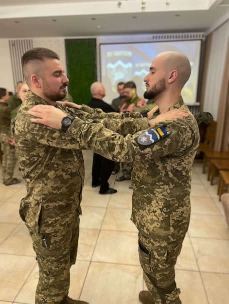 PHOTO: Ukrainian soldiers who serve on the eastern frontlines carry out group trauma sessions while on leave at a rehabilitation center in Ukraine. (Tom Soufi Burridge/ABC News)