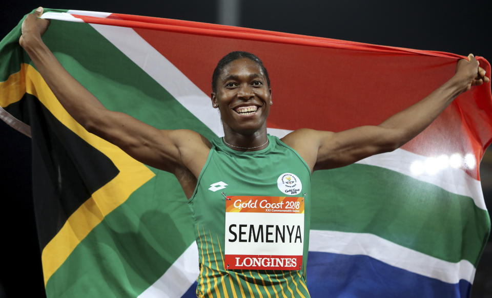 FILE - In this April 13, 2018, file photo, South Africa's Caster Semenya celebrates after winning the woman's 800m final at Carrara Stadium during the 2018 Commonwealth Games on the Gold Coast, Australia. Champion runner Caster Semenya has won what might turn out to be a landmark legal victory. The European Court of Human Rights has decided she was discriminated against by sports rules that force her to medically reduce her natural hormone levels if she wants to compete in major competitions. (AP Photo/Mark Schiefelbein, File)