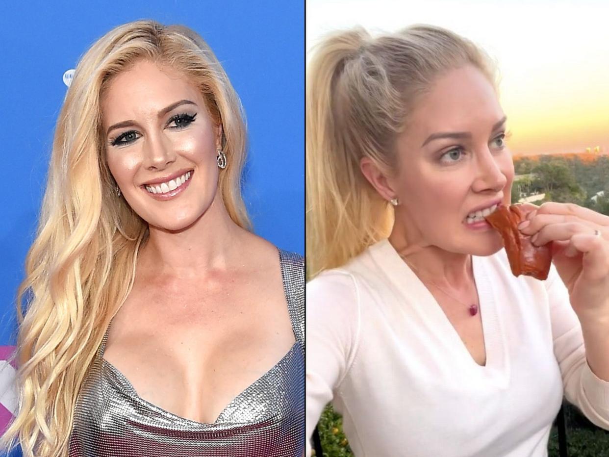 Heidi Montag on a red carpet (left); Heidi Montag eating a raw liver (right)