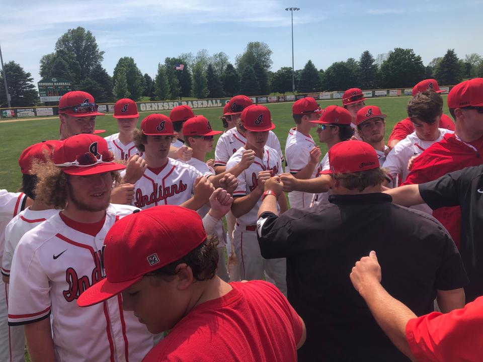 Brimfield-Elmwood goes all hands in for one final break after a 10-0 loss to Joliet Catholic eliminated the Indians in the IHSA Class 2A Geneseo Supersectional on Monday at Bollen Field.
