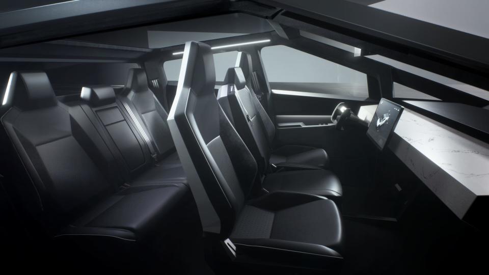 A rendered interior of the Tesla Cybertruck. 