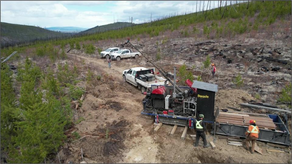 Drill being aligned at hole 1 on the Liberty copper property.