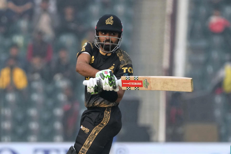 Peshawar Zalmi' Babar Azam plays a shot during the Pakistan Super League T20 cricket match between Quetta Gladiators and Peshawar Zalmi, in Lahore, Pakistan Sunday, Feb. 18, 2024. (AP Photo/K.M. Chaudary)