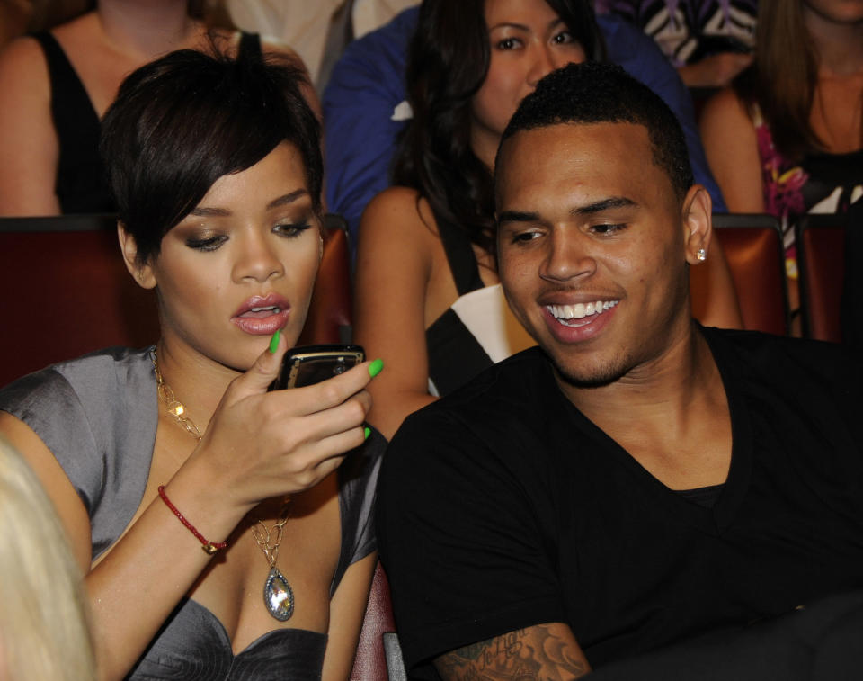 Rihanna and Chris Brown in the audience at the 2008 MTV Movie Awards on June 1, 2008 at the Gibson Amphitheatre in Universal City, California.