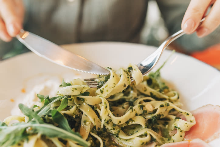 Close-up of a pasta pesto dish