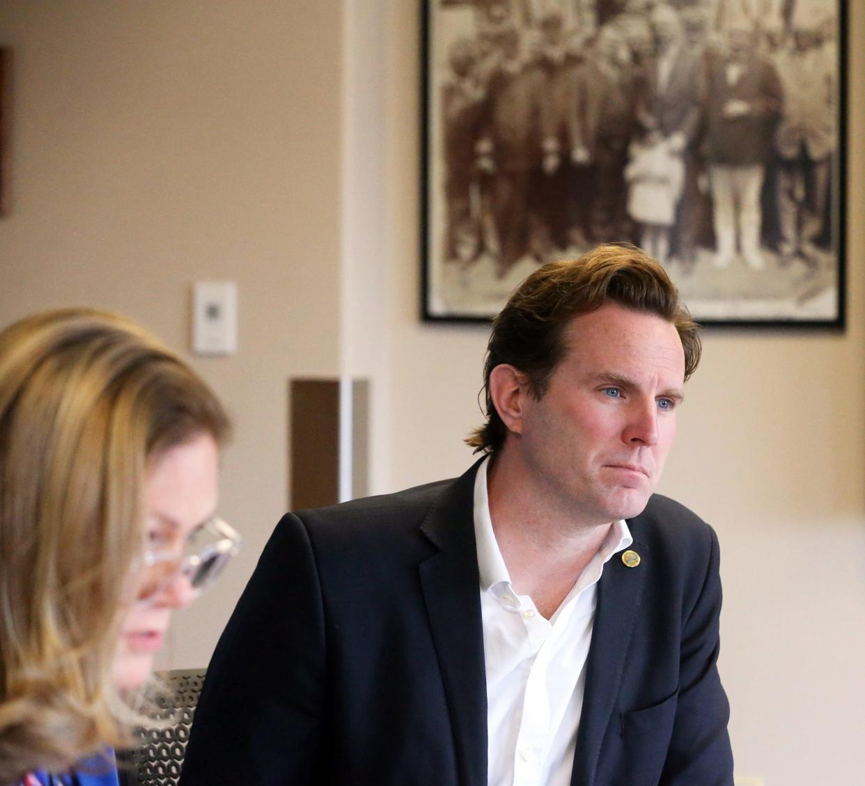 Portsmouth City Manager Karen Conard, left, and Mayor Deaglan McEachern go over the proposed fiscal year 2025 budget Friday, May 3, 2024.