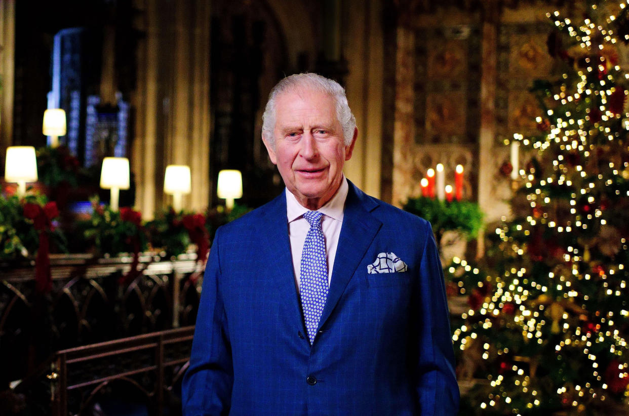 EMBARGOED TO 2200 GMT FRIDAY DECEMBER 23

Previously unissued photo dated 13/12/22 of King Charles III during the recording of his first Christmas broadcast in the Quire of St George's Chapel at Windsor Castle, Berkshire. Issue date: Friday December 23, 2022. PA Photo. See PA story ROYAL King. Photo credit should read: Victoria Jones/PA Wire