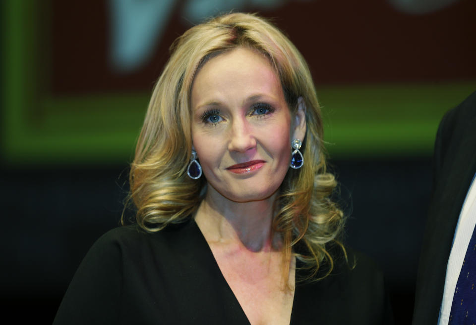 British writer J.K. Rowling poses for the photographers during  photo call to unveil her new book, entitled: 'The Casual Vacancy', at the Southbank Centre in London, Thursday, Sept. 27, 2012. The book, published by Little, Brown Book Group, is Rowling's first novel for adults. (AP Photo/Lefteris Pitarakis)