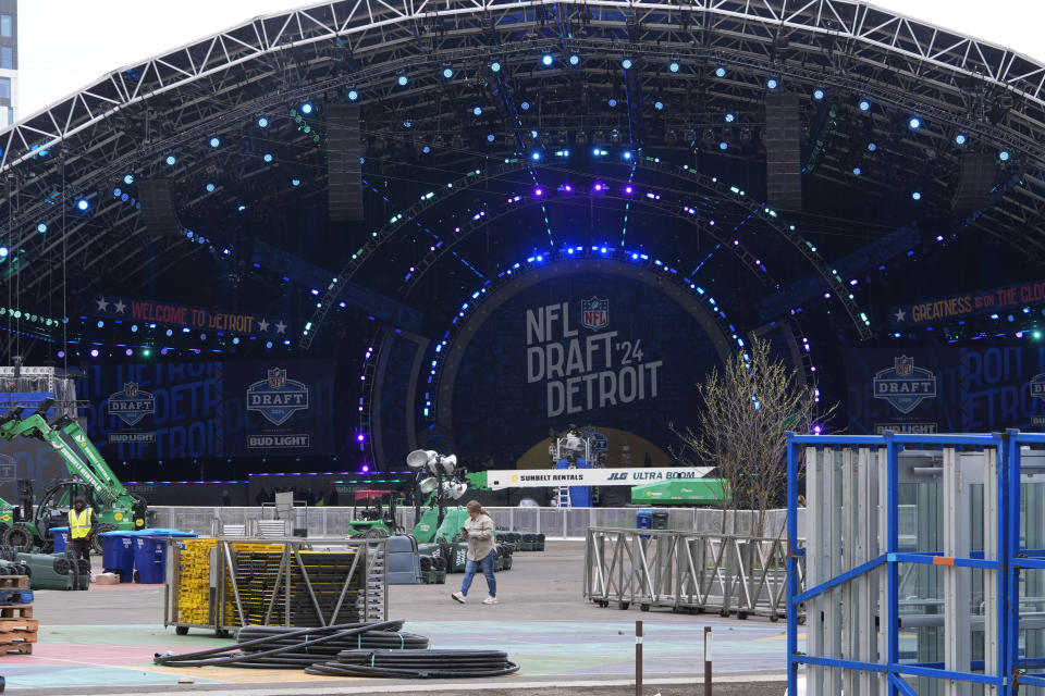 Workers prepare for the NFL Draft Wednesday, April 24, 2024, in Detroit. (AP Photo/Paul Sancya)