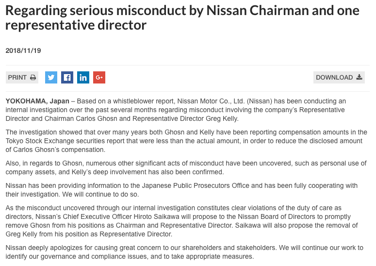 Nissan statement on Ghosn